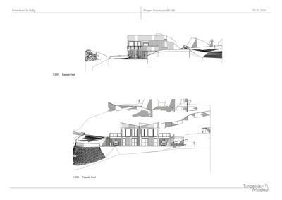 Fasadetegning som viser bygningens utseende fra to vinkler (Fasade Vest og Fasade Nord) med omgivelsene.