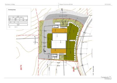 Situasjonsplan som viser tomtens grenser, bygningsplassering, veier, stier og terrengforhold.