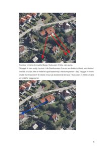 Flyfoto av et boligområde med markerte vinkler og pil som illustrerer synsforhold mellom eksisterende og planlagt bygning.