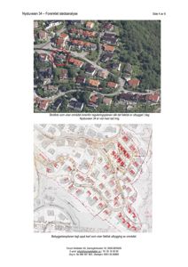 Bildet viser en side fra en forenklet stedsanalyse. Det inneholder et skråfoto av et boligområde og en bebyggelsesplan (kart) som viser den faktiske utbyggingen av området.