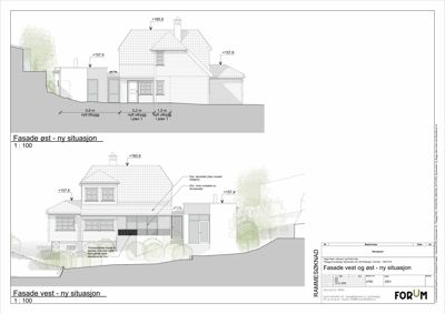 Fasadetegning som viser oppriss av bygningens front sett fra utsiden, med høydemål og situasjonsdetaljer.
