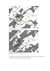 Situasjonsplaner som viser skyggefall fra et tittak på en tomt, med topografiske linjer og nabobebyggelse.