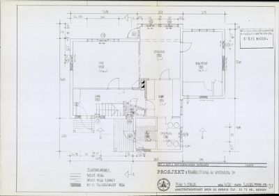 Etasjeplan (Plan 1. etasje) for rehabilitering av Nystøveien 34, med romfordeling, dimensjoner og veggbeskrivelser.