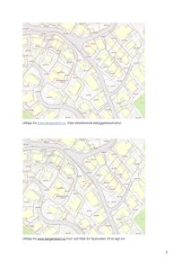 Bildet viser to kartutsnitt fra bergenskart.no. Det øverste viser eksisterende bebyggelse, mens det nedre viser en planlagt endring med nytt tiltak for Nystuveien 34.