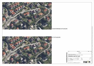 Flyfoto som viser eksisterende og ny situasjon for et byggprosjekt.