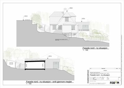 Bildet viser to snittegninger (tverrsnitt) av en bygning sett fra nord. Øverste tegning viser fasaden og nedre tegning viser snitt gjennom en del av bygningen (megler).