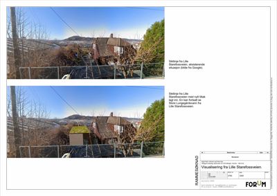 Visualisering av et siktlinje fra Lille Starefossvågen. Bildet viser en eksisterende situasjon (øverst) og en planlagt situasjon med nytt tiltak (nederst).