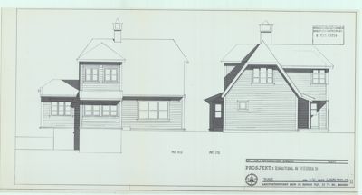 Fasadetegning som viser front- og sideopprikk av en villa med vinduer, tak og taklys.