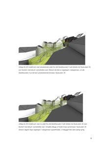 3D-visualiseringer (renderinger) som viser utsikt fra en eksisterende bygning mot en planlagt ny bygning, inkludert omgivende bebyggelse og vegetasjon.