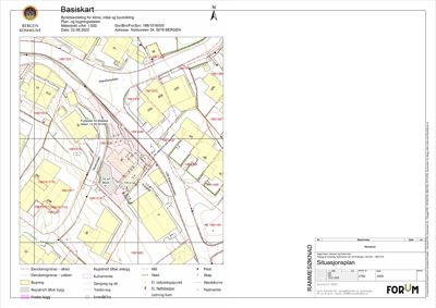 Situasjonsplan (Basiskart) som viser eiendomsgranser, bygninger, veier og infrastruktur i området.