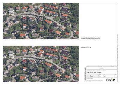 Fotografisk situasjonsplan som viser eksisterende og planlagt situasjon sett fra sør.