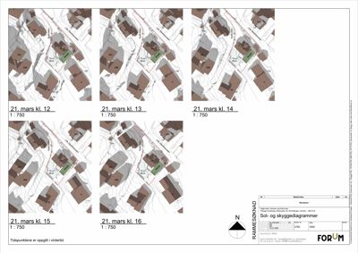 Sol- og skyggediagrammer som viser solposisjon og skygger for en tomt på ulike tidspunkt (21. mars kl. 12-16).