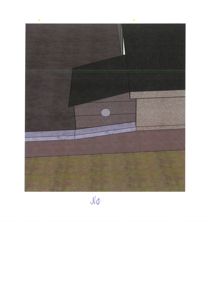 Fasadetegning som viser bygningens utside med materialer, takform og en rund vinduåpning.