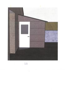 Fasadetegning som viser en bygning sett fra siden, med dør, vindu og ulike fasadematerialer.