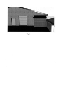 Fasadetegning som viser bygningens utseende fra en bestemt vinkel, inkludert dører, vinduer og takform.