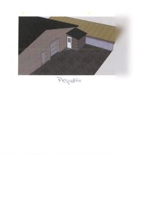 3D-visualisering (perspektiv) av en bygning med garasje og tilhørende struktur.