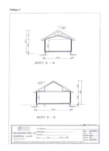 Tegningen viser to snittegninger (SNITT A-A og SNITT B-B) av en bygning, som illustrerer tverrsnittet med takform, høyder og grunnplan.