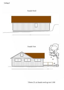 Bildet viser fasadetegninger for en bygning, merket 'Fasade Nord' og 'Fasade Vest', med mål og en illustrasjon av terrenget.
