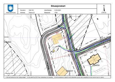 Situasjonskart som viser eiendomsgrenser, vegnett og topografi for eiendommen 339/139 i Vikene.