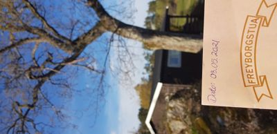 Fotografi av en bygning sett fra bakken, med en stor tre i forgrunnen og en himmel i bakgrunnen.