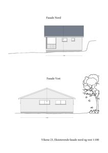 Bildet viser tegninger av fasaden til en bygning sett fra nord og vest, inkludert mål og terrengforhold.