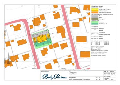 Situasjonsplan som viser bygningens plassering i forhold til nabolag, veggrenser og andre infrastruktur.