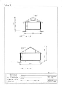 Snittegning (SNITT A - A og SNITT B - B) som viser tverrsnittet av en bygning med mål og konstruksjonsdetaljer.