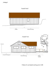 Bildet viser fasadetegninger for en bygning, spesifikt 'Fasade Nord' og 'Fasade Vest', med mål og beskrivelser av påbygg og eksisterende deler.