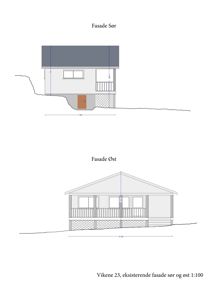 Bildet viser to fasadetegninger av en eksisterende bygning, merket som 'Fasade Sør' og 'Fasade Øst'.