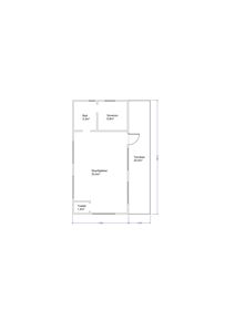 Etasjeplan som viser romfordeling med stue/kjøkken, soverom, bad og terrasse.