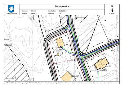 Situasjonskart som viser eiendomsnummer, adresse, naboeiendommer og topografi.