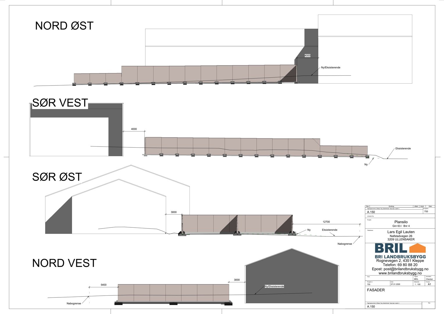 Fasadetegning som viser bygningens utseende fra fire ulike vinkler: Nord Øst, Sør Vest, Sør Øst og Nord Vest.