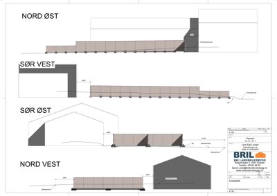 Fasadetegning som viser bygningens utseende fra fire ulike vinkler: Nord Øst, Sør Vest, Sør Øst og Nord Vest.