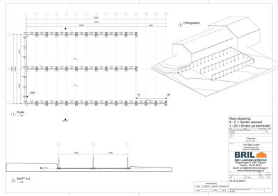 En tegning som viser etasjeplan (PLAN) og snitt (SNITT A-A) for en bygning, med akseplacering og dimensjoner.