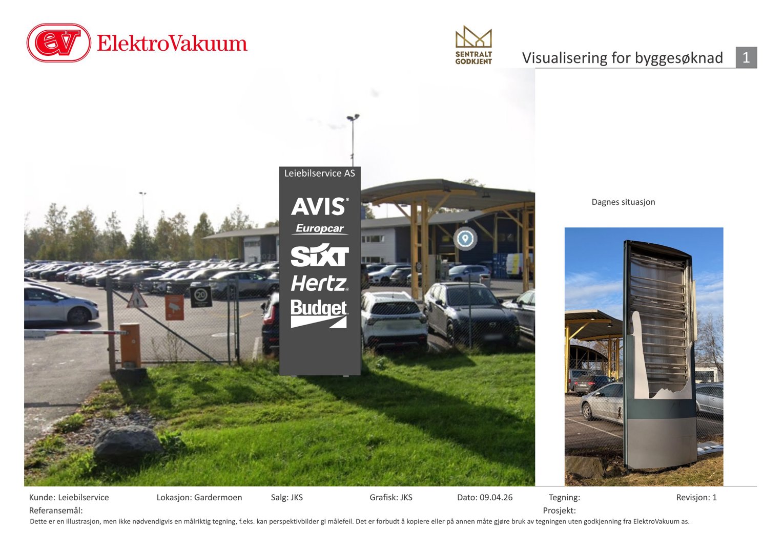 Fotografi av en eksisterende bygning (Leiebilservice AS) med parkeringsplass og gateinngang.