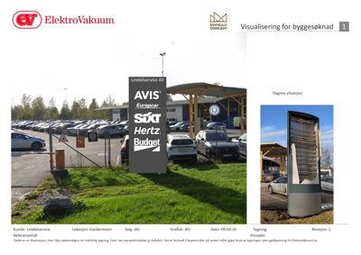 Fotografi av en eksisterende bygning (Leiebilservice AS) med parkeringsplass og gateinngang.