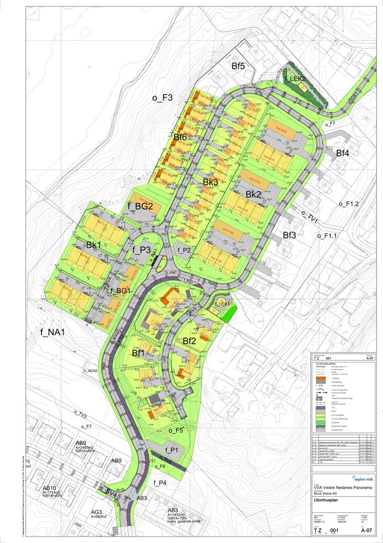 Situasjonsplan som viser plassering av bygninger (B1-B6) og arealer (f1-f5) i forhold til topografi og omgivende infrastruktur.