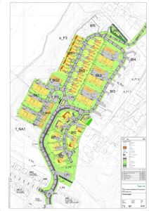 Situasjonsplan som viser plassering av bygninger (B1-B6) og arealer (f1-f5) i forhold til topografi og omgivende infrastruktur.