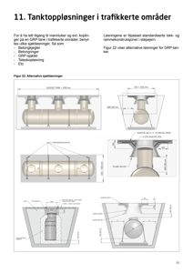 Teknisk tegning som viser detaljerte konstruksjonsløsninger for tanktoppløsninger, inkludert dimensjoner og materialer.