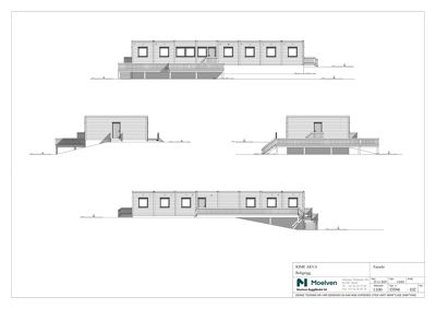 Fasadetegning som viser bygningens utseende fra flere vinkler, inkludert etasjeplan og snittlinjer.