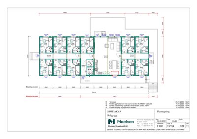 Etasjeplan (plantegning) som viser romfordeling, mål og funksjoner i en boligblokk.