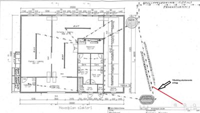 Etasjeplan for en slakteri-anlegg som viser romfordeling, dimensjoner og tekniske installasjoner.