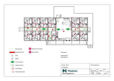 Brannplan (etasjeplan) som viser romfordeling, brannsoner og utrymningsveier.
