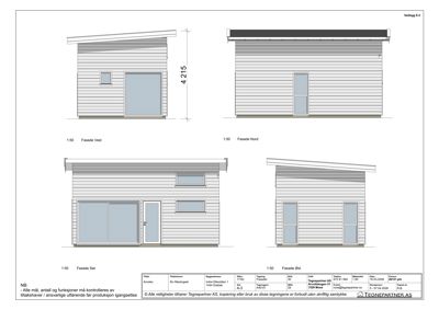 Fasadetegning som viser bygningens utseende fra fire sider (Vest, Nord, Sør, Øst) med mål og detaljer.