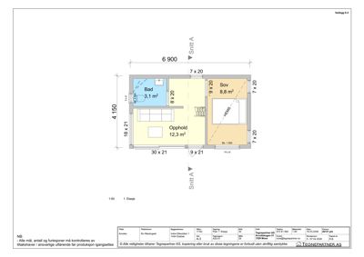 Etasjeplan (1. etasje) som viser romfordeling, mål og funksjoner (bad, soverom, stue).