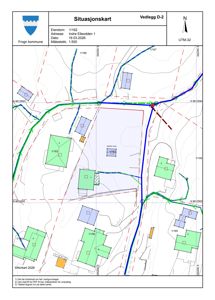 Situasjonskart som viser eiendomsnummer, adresse, dato, målestokk og nabolag med bygninger.