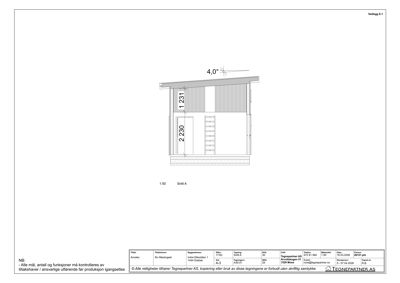 Snittegning (Snitt A) som viser bygningens tverrsnitt, høyder og konstruksjon.