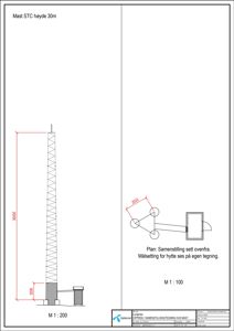 Tegning som viser oppriss av en mast sett fra siden (fascade) med mål og en planvisning av samstilling.