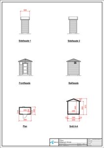 Bildet viser fasadetegninger (Sidefasade 1, Sidefasade 2, Frontfasade, Bakfasade) samt et plan og et snitt for en liten bygning.