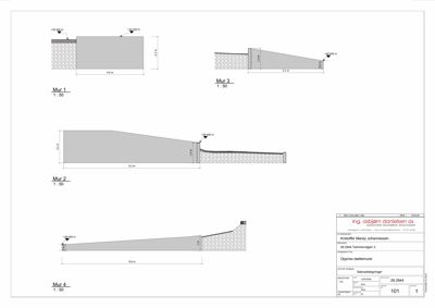 Tegning som viser detaljerte oppriss av fire ulike støttemurer (Mur 1-4) med mål og nivåer.